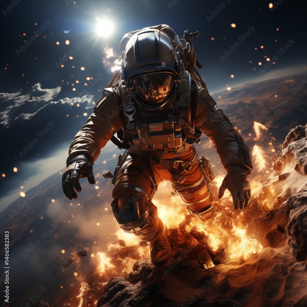 Wall mural a realistic image of an astronaut working on the exterior of a space station with earth visible in t