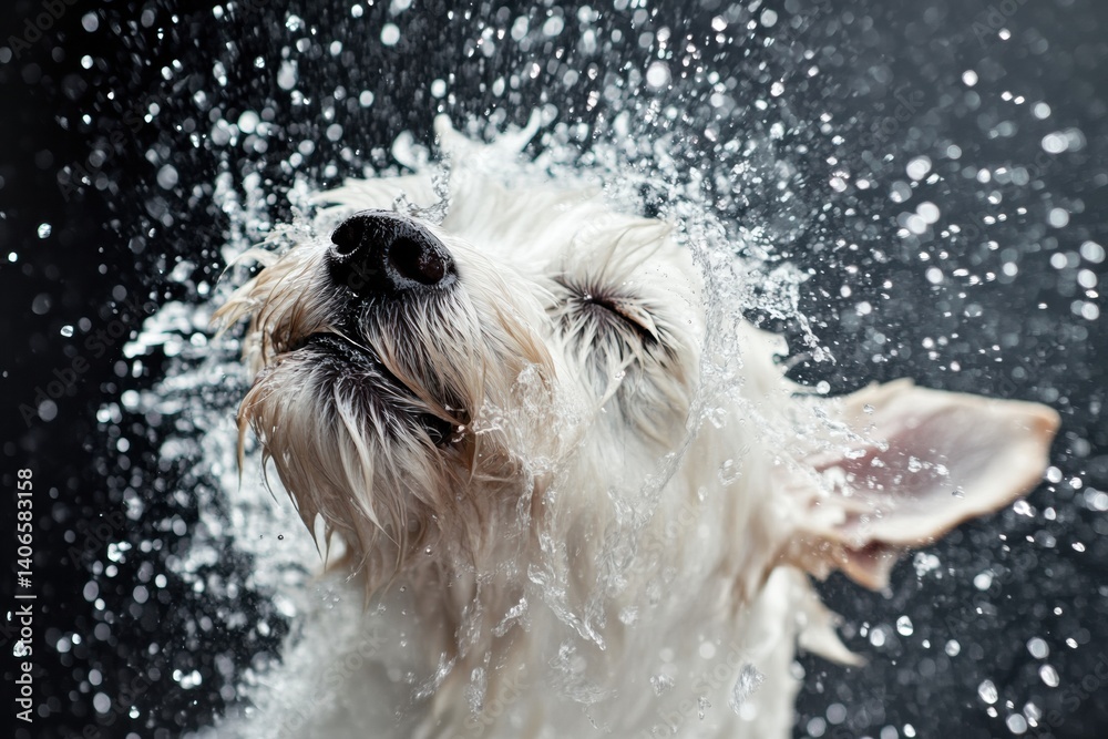 Aufkleber Wet dog shakes off water after bath creating a dynamic splash effect against a clean colorful background