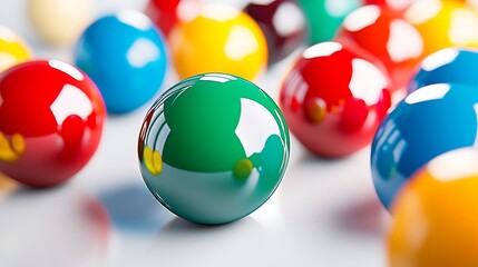 Colorful glossy marbles scattered on a white surface with focus on green marble in foreground
