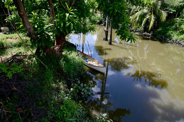 Closeup of A white canoe is on the bank of a canal in the garden with natural background at Thailand.