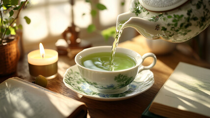 A peaceful morning with green tea being poured into a porcelain cup beside a book and candlelight