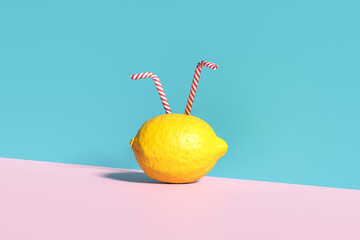 Fresh lemon with two straws on colorful background: refreshing summer concept