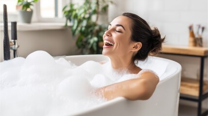 A joyful woman relaxes in a bubble-filled bathtub, exuding tranquility and happiness with lush plants and soft lighting creating a serene atmosphere.