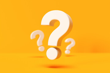 Question marks floating on vivid yellow background representing uncertainty
