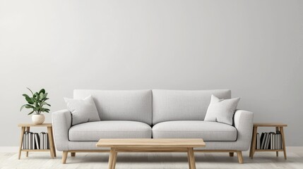 Fototapeta premium Modern minimalist living room interior design with white sofa and light wood furniture