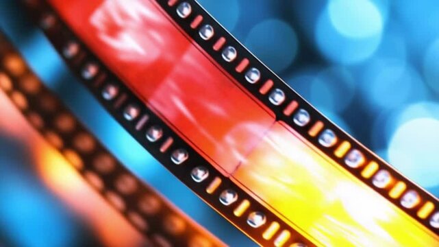 Experience the dynamic interplay of colors from film strips reflecting stunning light in a captivating environment, celebrating artistic expression and the magic of cinema
