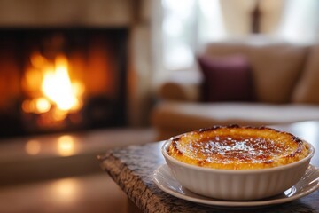 Cozy dessert by the warm fireplace.