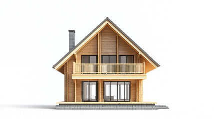 Wooden frame house with balcony and chimney on white background