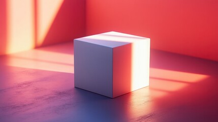 A minimalist cube in a brightly colored room, illuminated by soft light, creating a serene and modern atmosphere.