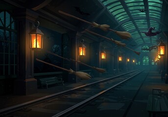 Dark Train Station with Flying Broomsticks at Night