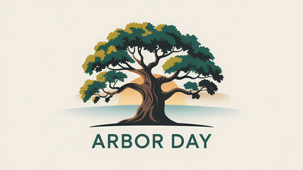 Tree illustration with vibrant green and yellow leaves against a gradient sunrise background celebrating Arbor Day.