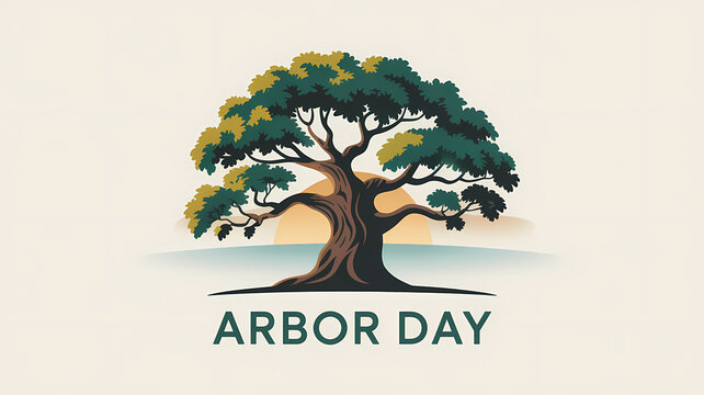 Tree illustration with vibrant green and yellow leaves against a gradient sunrise background celebrating Arbor Day.