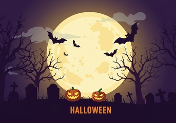 Halloween Night Scene with Pumpkins and Bats