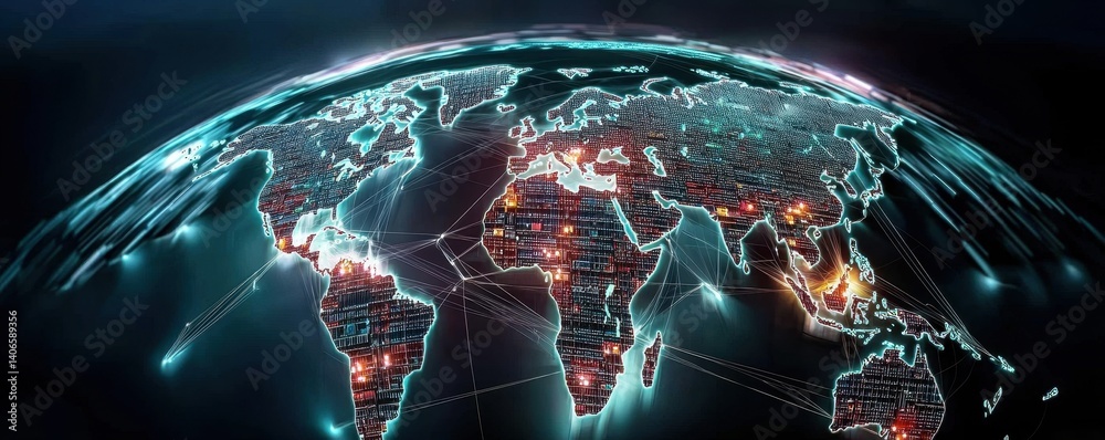 Poster a digital representation of earth, showcasing interconnected data points across continents, symboliz