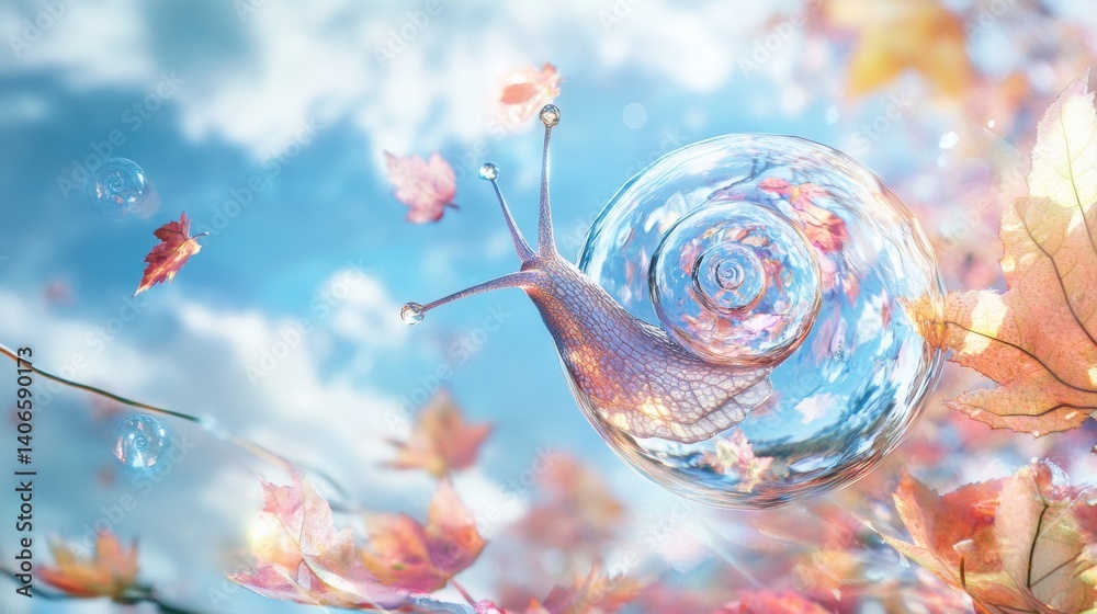 Aufkleber whimsical snail with a crystal shell reflects nature while gliding under a vibrant sky and colorful 