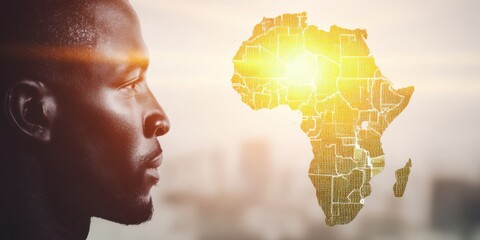 Double exposure combining African man's profile with illuminated map of Africa, symbolizing identity and connection.