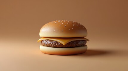 A realistic cheeseburger with a sesame seed bun, melted cheese, and a beef patty, presented against a simple, neutral background.