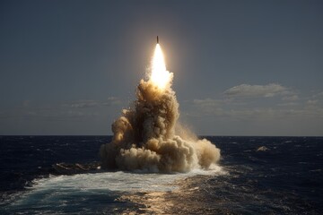 Nuclear war. Beginning. Launch of a nuclear ballistic intercontinental missile from submarine. The intercontinental missile erupts from the submarine, signaling the start of a catastrophic nuclear