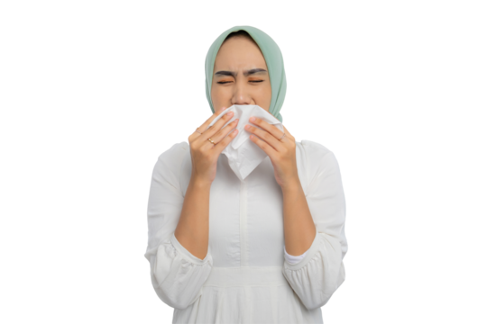 Sick young Asian woman in green hijab and white blouse sneezing into paper tissue isolated on transparent background