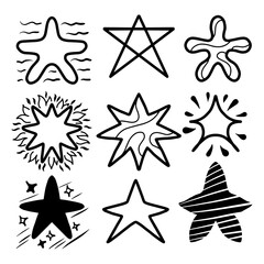 Set of black hand drawn doodle stars in isolated on white background.