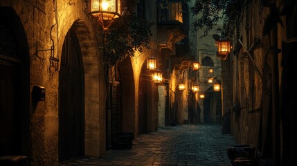 Mystical Traditional Middle Eastern Alleyway at Night with Lanterns