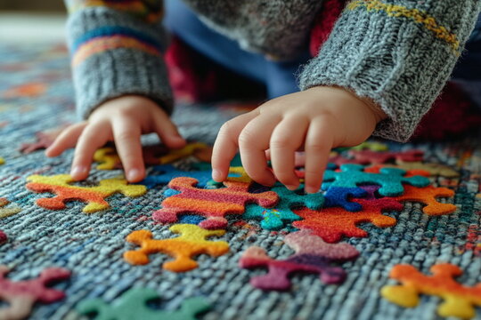 Child assembling colorful floor puzzle pieces — a fun and engaging activity to promote cognitive development and fine motor skills through hands-on learning.

