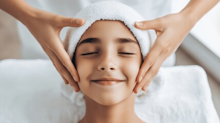 A child enjoys a soothing facial massage, exuding calm and relaxation with a towel draped over their head.