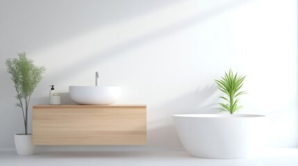 Fototapeta premium Modern, minimalist bathroom with natural light. Light-toned, contemporary washroom design, featuring simple vanity, bathtub, and greenery
