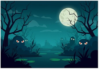 Spooky Swamp Night With Red Eyed Monsters