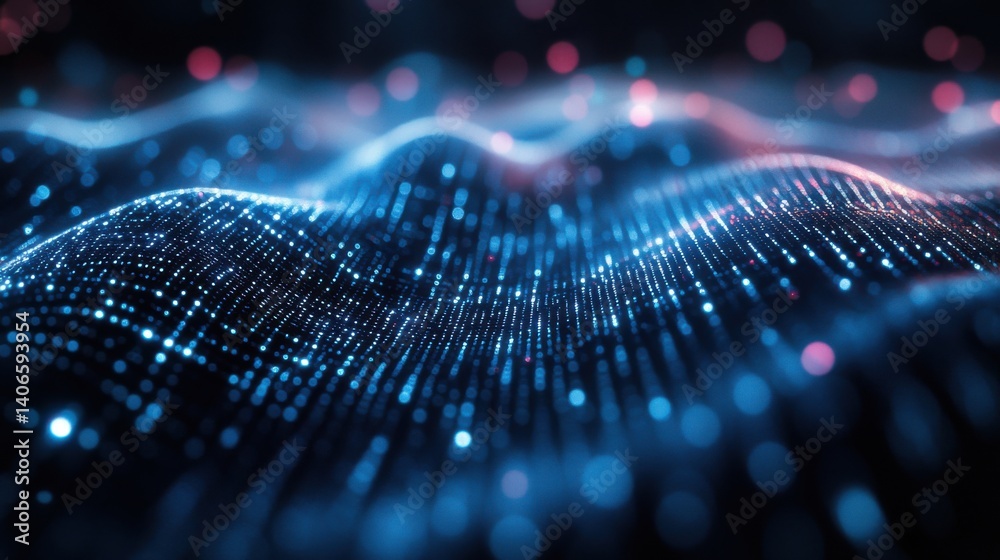 Poster a vibrant abstract representation of digital waves, illuminated by colorful lights, creating a dynam