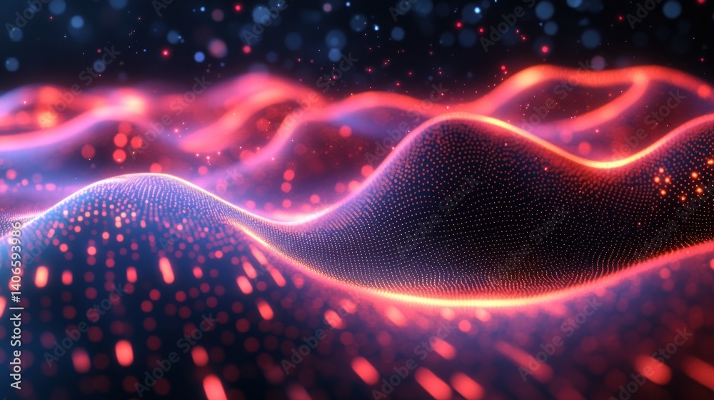 Poster a vibrant abstract image showcasing flowing waves of light with blue and red hues, creating a dynami
