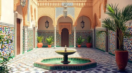 Traditional Middle Eastern Courtyard with Fountain and Decorative Tiles