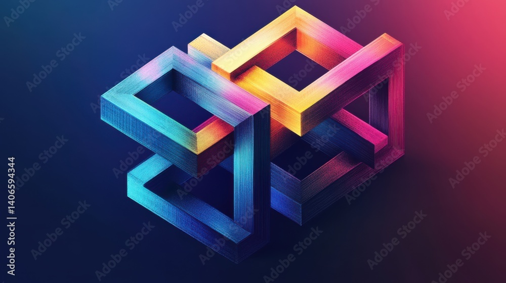 Poster a vibrant 3d abstract design featuring interconnected geometric shapes with a gradient color scheme,