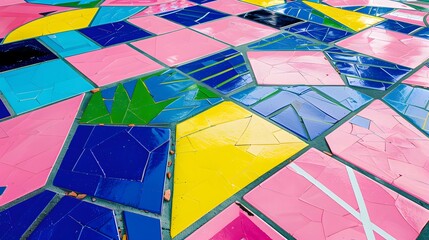 Fototapeta premium Bright Geometric Mosaic Tile Background in Pink, Blue, Yellow, and Green