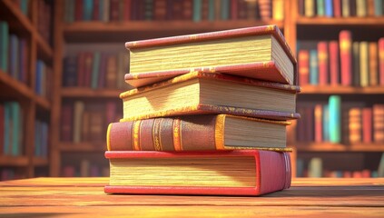 Stack of antique books on wooden table