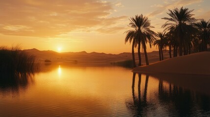Obraz premium Sunset Over a Serene Oasis in the Middle East Desert Landscape