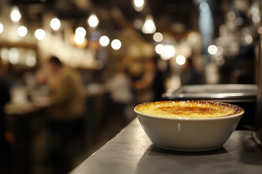 Creamy, golden-brown cr?me br?l?e in a white bowl.