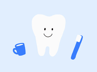 歯・歯ブラシ・コップ：健康で元気な歯のイラスト：水色