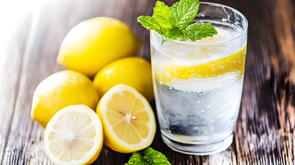 Refreshing Lemon Water with Mint on Wooden Table