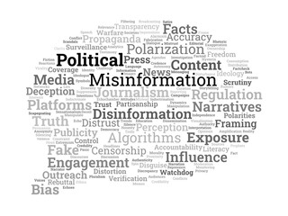 Political Misinformation Word Cloud. Key Topics in Media, Journalism, and Public Perception.