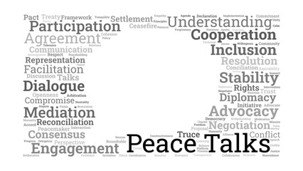Peace Talks Word Cloud. Core Terms in Conflict Resolution and Global Diplomacy