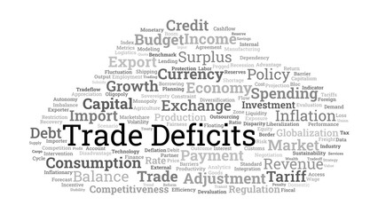 Trade Deficits Word Cloud. Key Economic Terms in Global Trade and Fiscal Policy