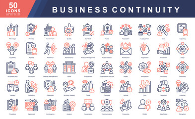 Business continuity color outline icon set covering risk planning, resilience, disruption response, and operational strategy. Ideal for corporate preparedness, crisis management, and workflow design.