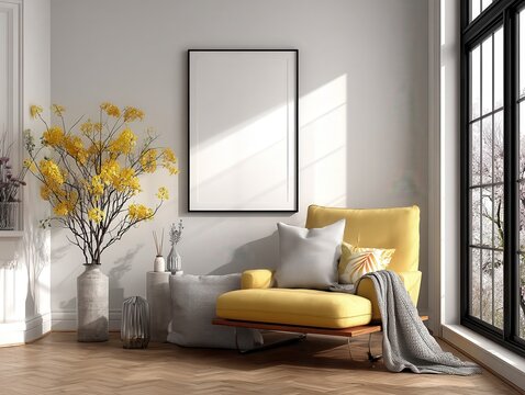 wall art mockup with an empty black 24x36 inch frame in chic retro living with small pops of soft yellow and grey.