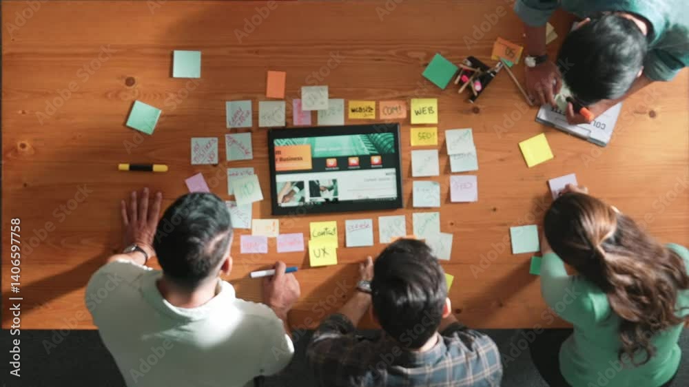 Poster top view of business people working together to design web design. aerial view of designer brainstor
