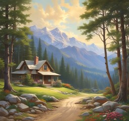 Fototapeta premium Illustration of spring season landscape with cottage and mountain.