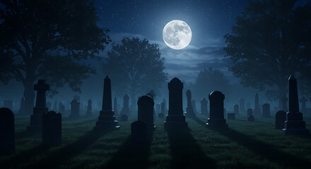 Moonlit graveyard path lined with tombstones.