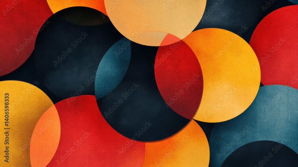 Poster a vibrant abstract pattern featuring overlapping circles in various colors, creating a dynamic and m