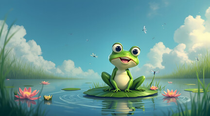 Fototapeta premium Cartoon Frog Sitting on Lily Pad in Pond with Dragonflies