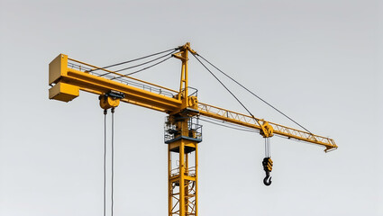 An overhead shot of a yellow tower crane, showcasing the trolley system on the jib and the hook suspended by steel cables